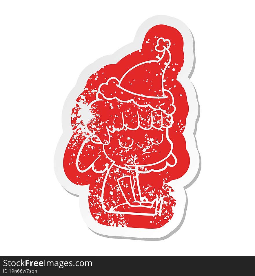 cartoon distressed sticker of a indifferent woman wearing santa hat