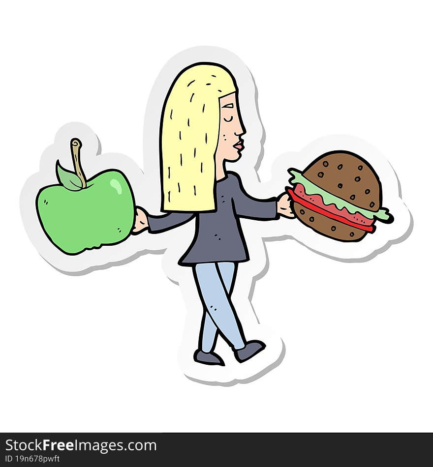 sticker of a cartoon woman deciding to eat healthy