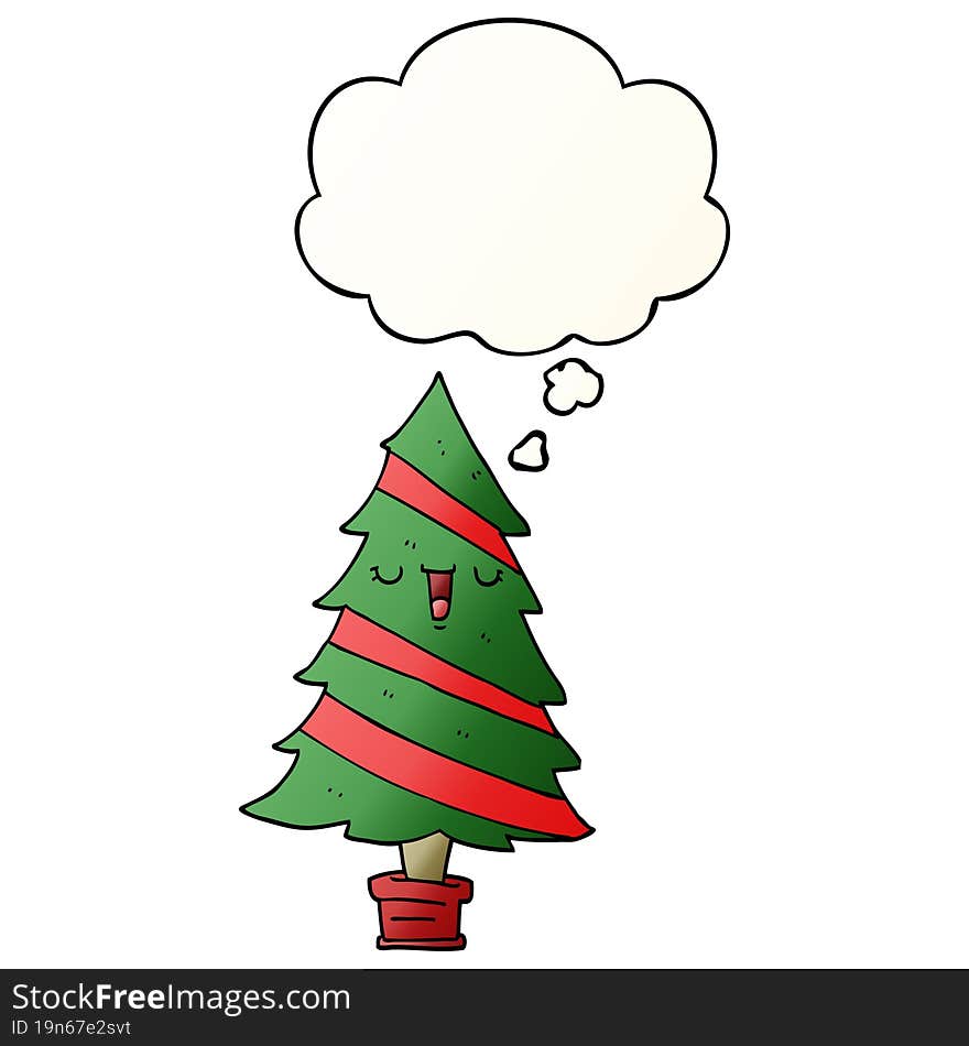 cartoon christmas tree and thought bubble in smooth gradient style