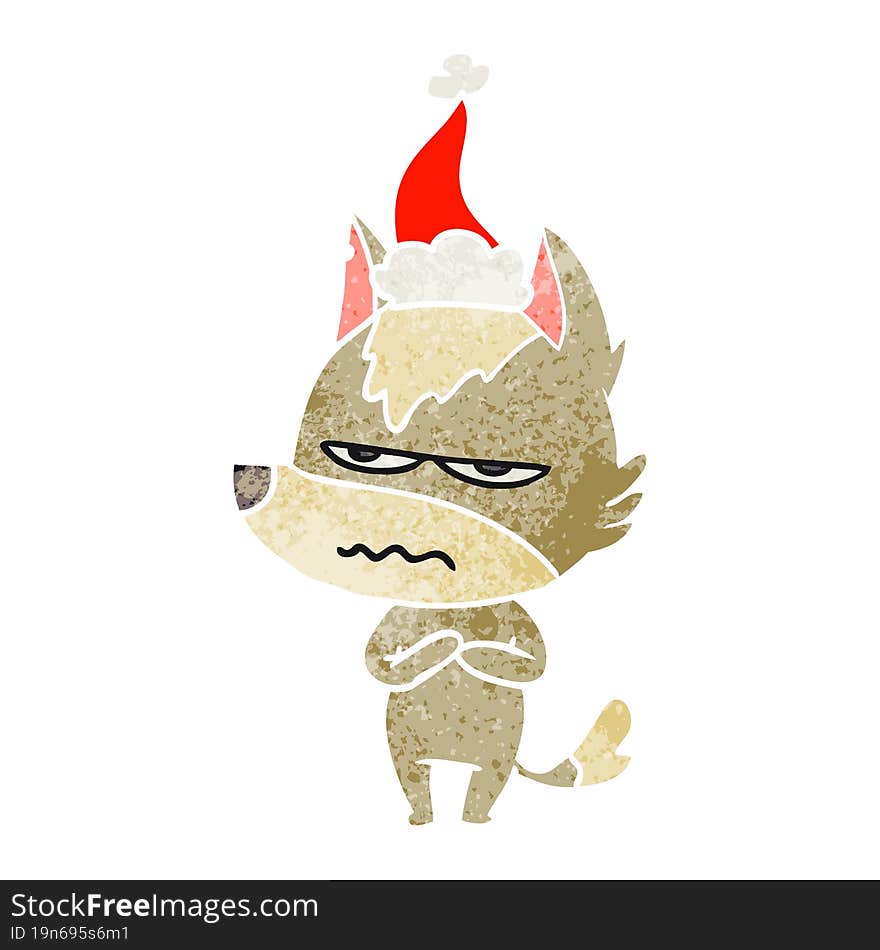 retro cartoon of a annoyed wolf wearing santa hat