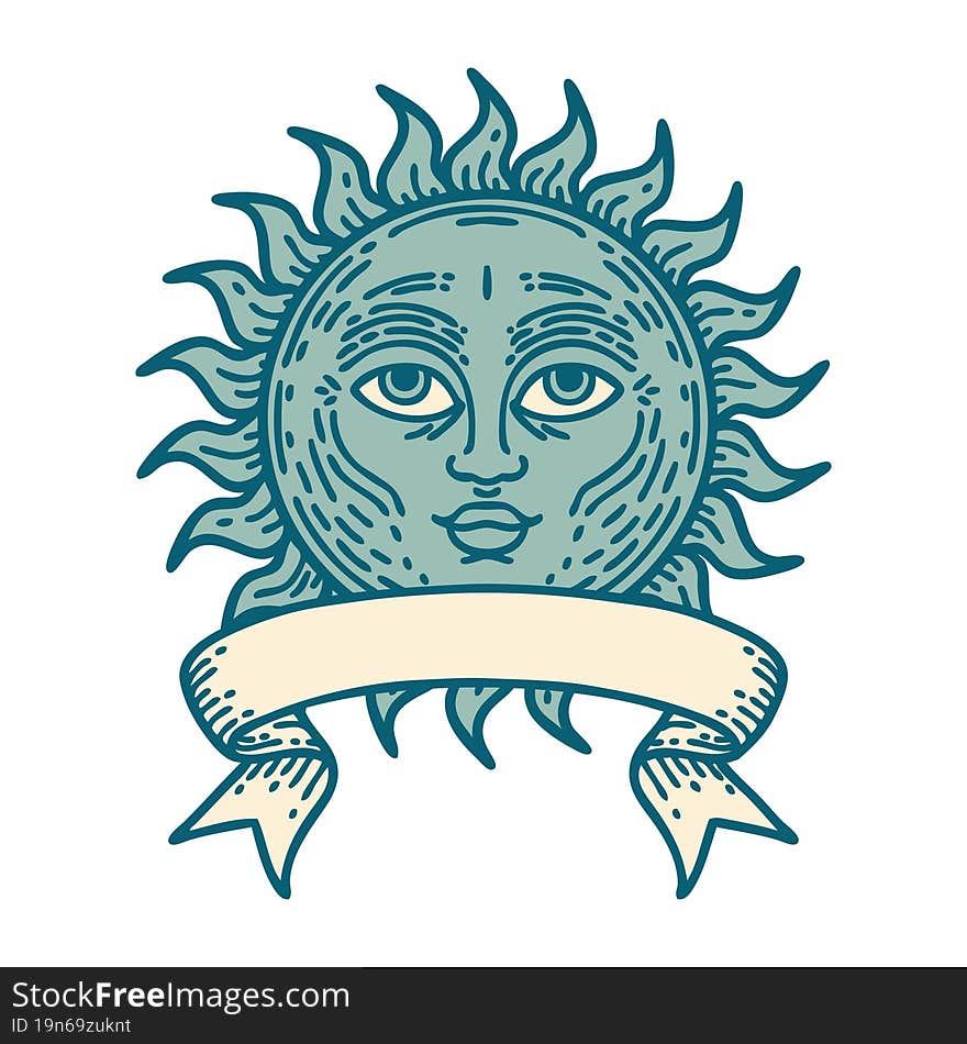 traditional tattoo with banner of a sun with face