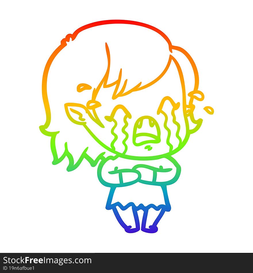 rainbow gradient line drawing cartoon crying vampire girl