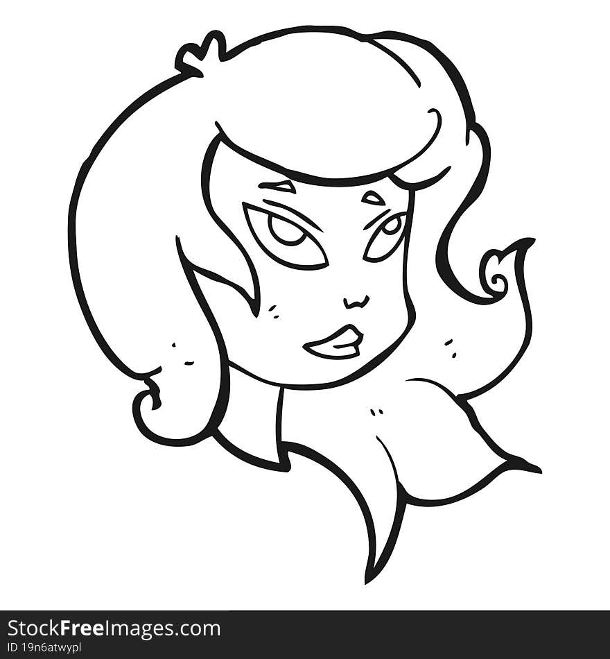 freehand drawn black and white cartoon female face