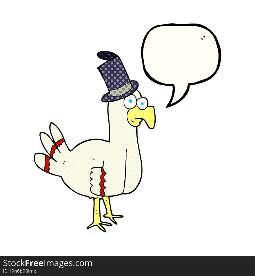 freehand drawn comic book speech bubble cartoon bird wearing top hat