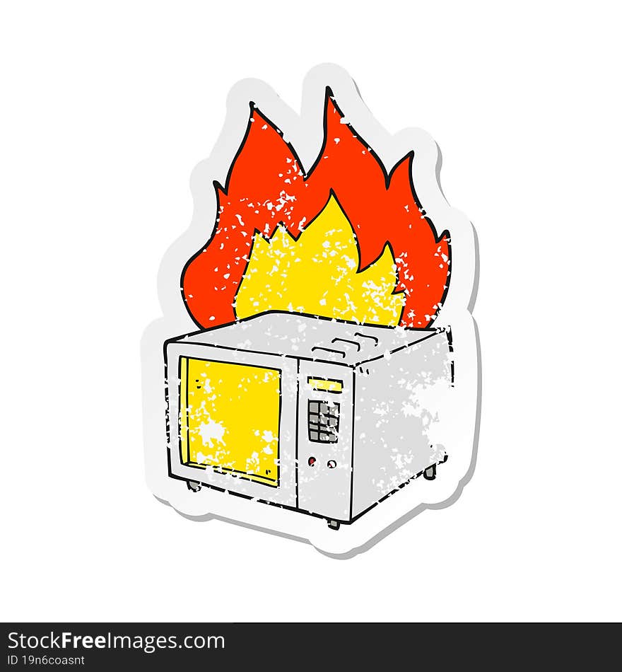 Retro Distressed Sticker Of A Cartoon Microwave On Fire