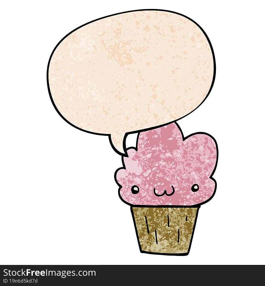 cartoon cupcake with face with speech bubble in retro texture style. cartoon cupcake with face with speech bubble in retro texture style