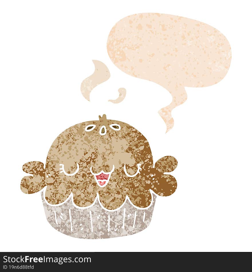 cute cartoon pie and speech bubble in retro textured style