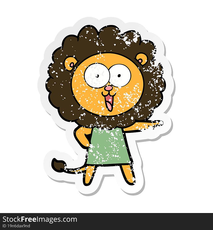 distressed sticker of a happy cartoon lion