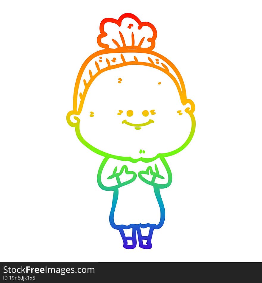 rainbow gradient line drawing of a cartoon happy old woman