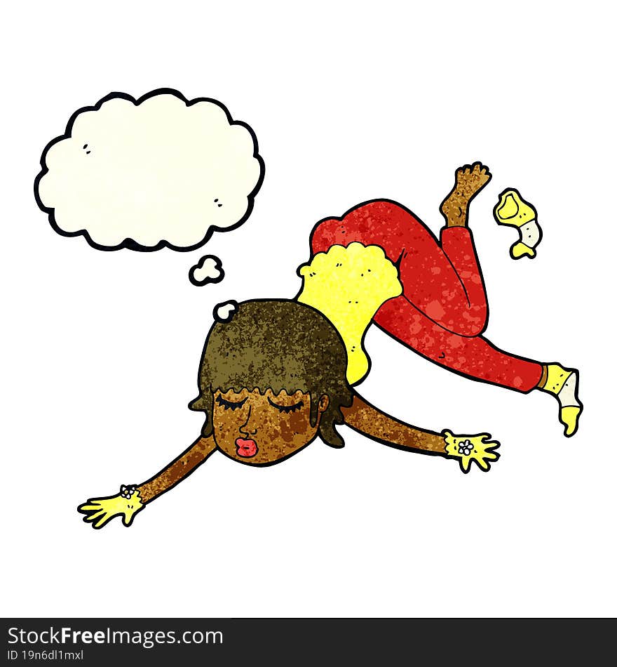 cartoon woman floating with thought bubble