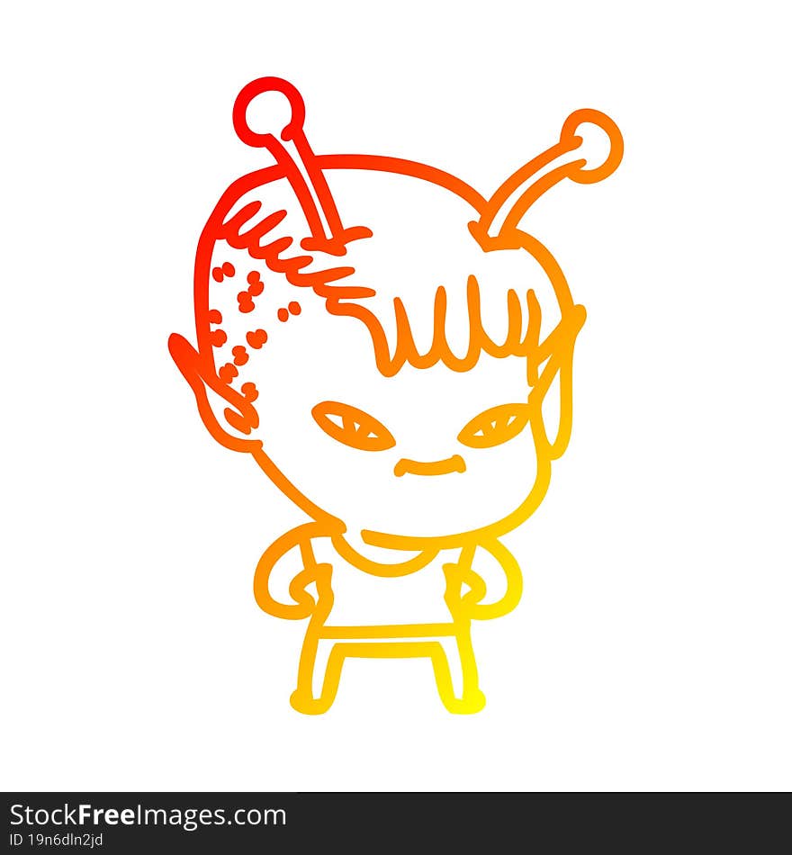 warm gradient line drawing of a cute cartoon alien girl