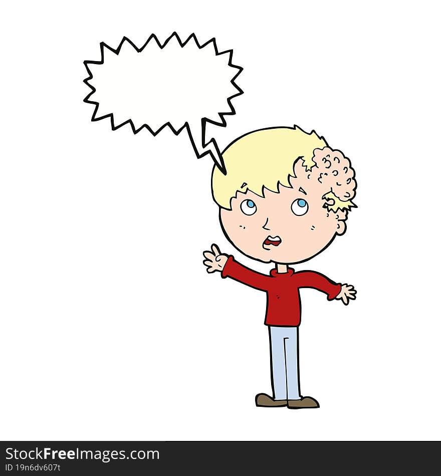 cartoon boy with growth on head with speech bubble