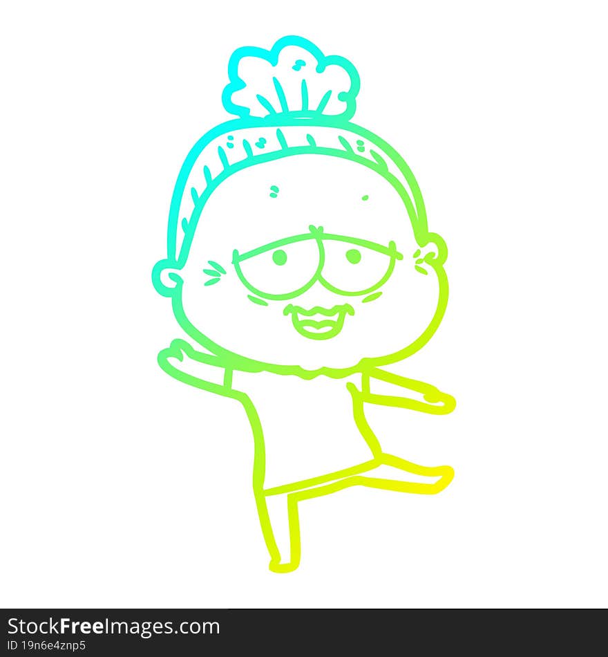 cold gradient line drawing of a cartoon happy old lady