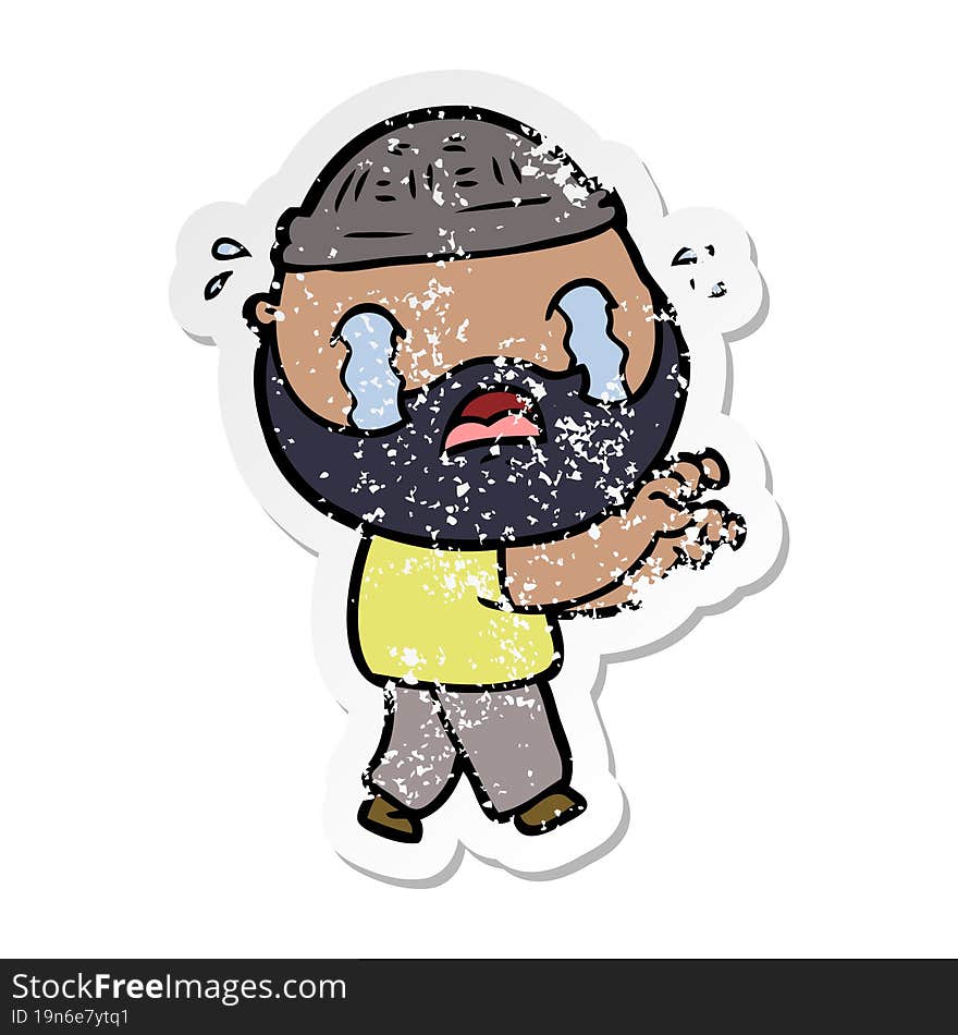 distressed sticker of a cartoon bearded man crying