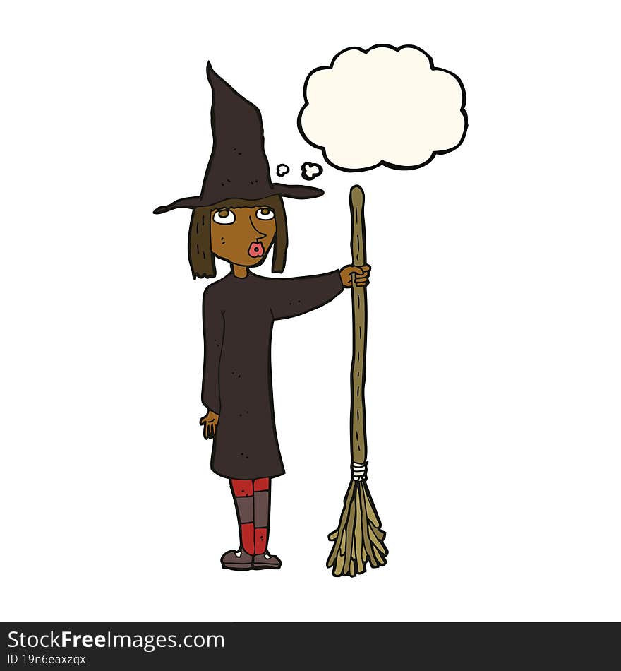 cartoon witch with thought bubble