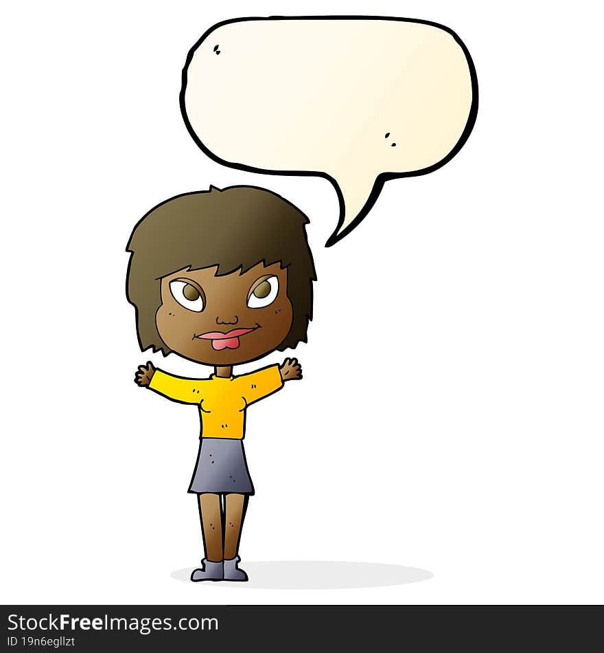 cartoon woman waving arms with speech bubble