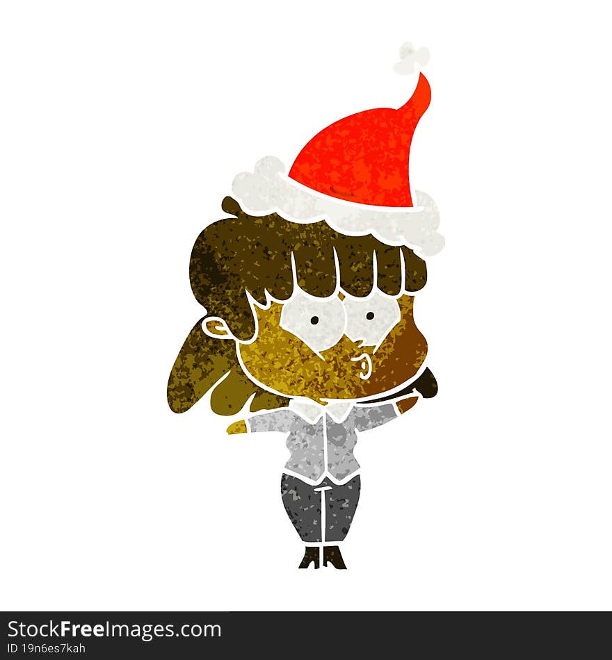 retro cartoon of a whistling girl wearing santa hat