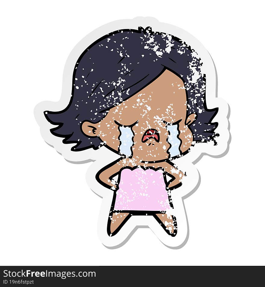 distressed sticker of a cartoon girl crying