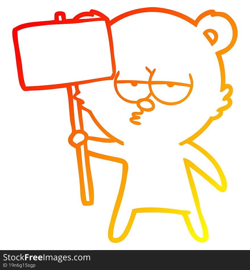 warm gradient line drawing bored polar bear cartoon with sign