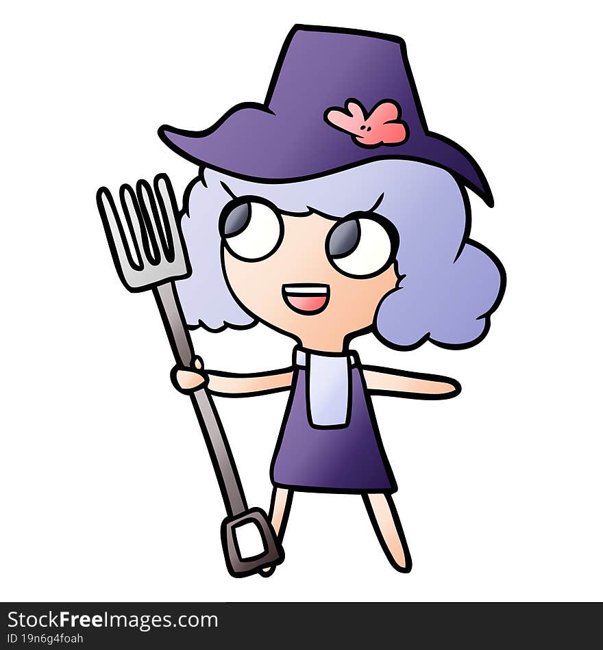 cartoon farmer girl with fork. cartoon farmer girl with fork