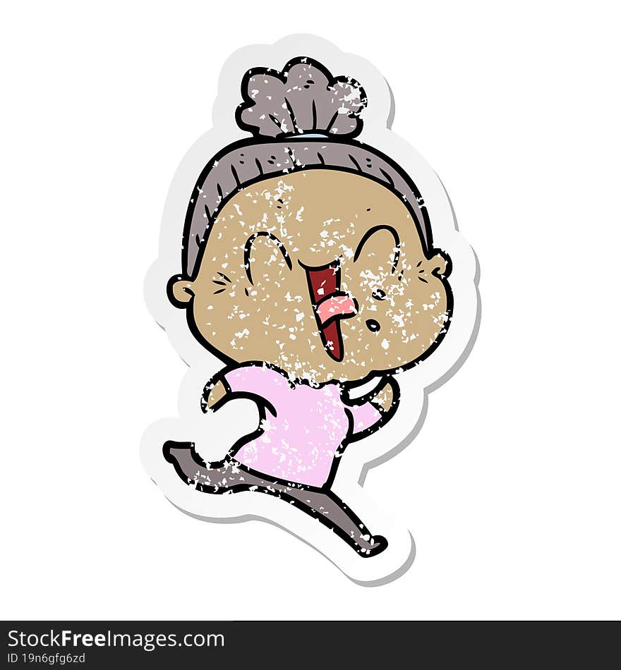 distressed sticker of a cartoon happy old woman