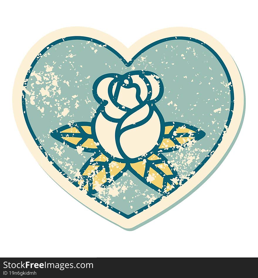 Distressed Sticker Tattoo Style Icon Of A Heart And Flowers