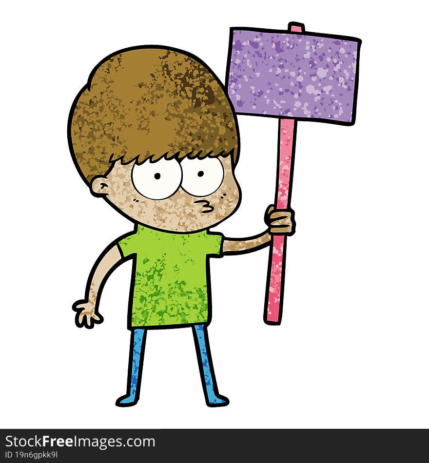 nervous cartoon boy holding placard. nervous cartoon boy holding placard