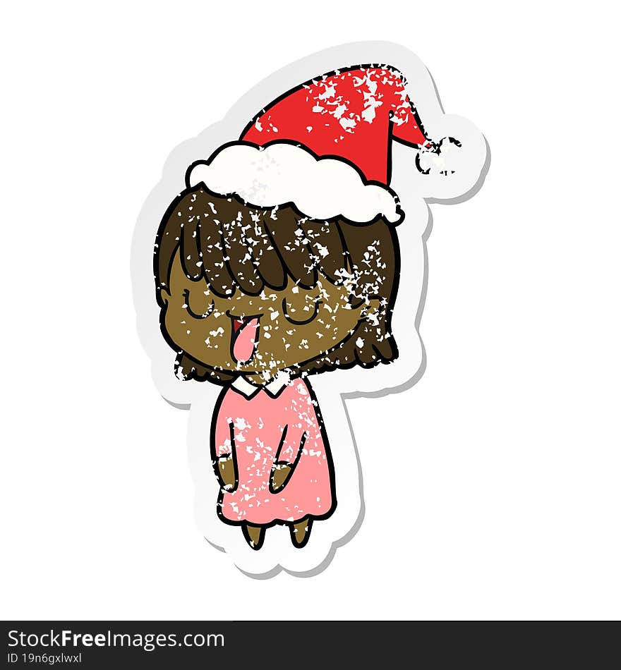 hand drawn distressed sticker cartoon of a woman wearing santa hat