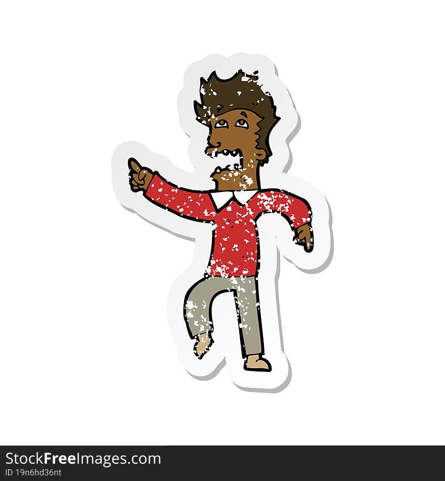 retro distressed sticker of a cartoon frightened man pointing