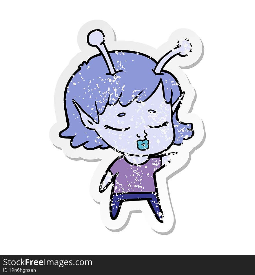 distressed sticker of a cute alien girl cartoon