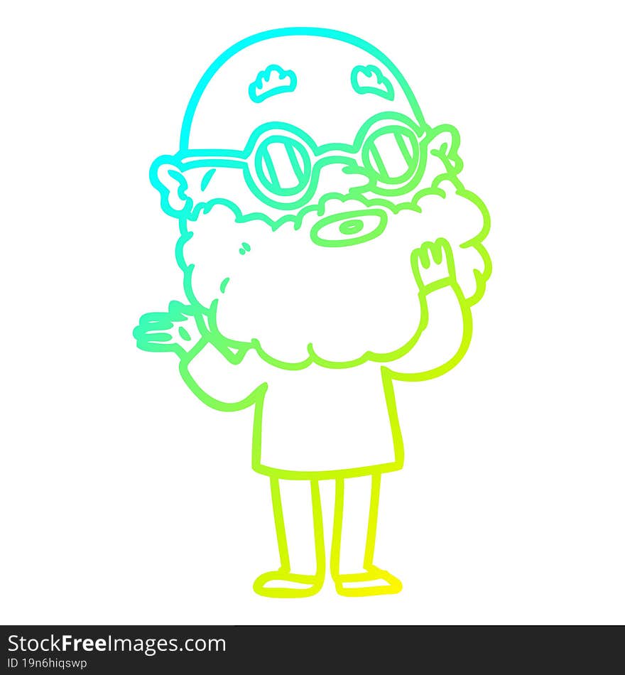 cold gradient line drawing of a cartoon curious man with beard and glasses