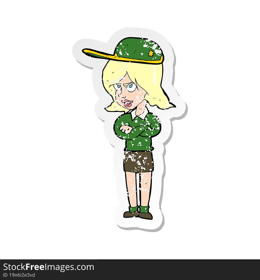 Retro Distressed Sticker Of A Cartoon Woman In Uniform