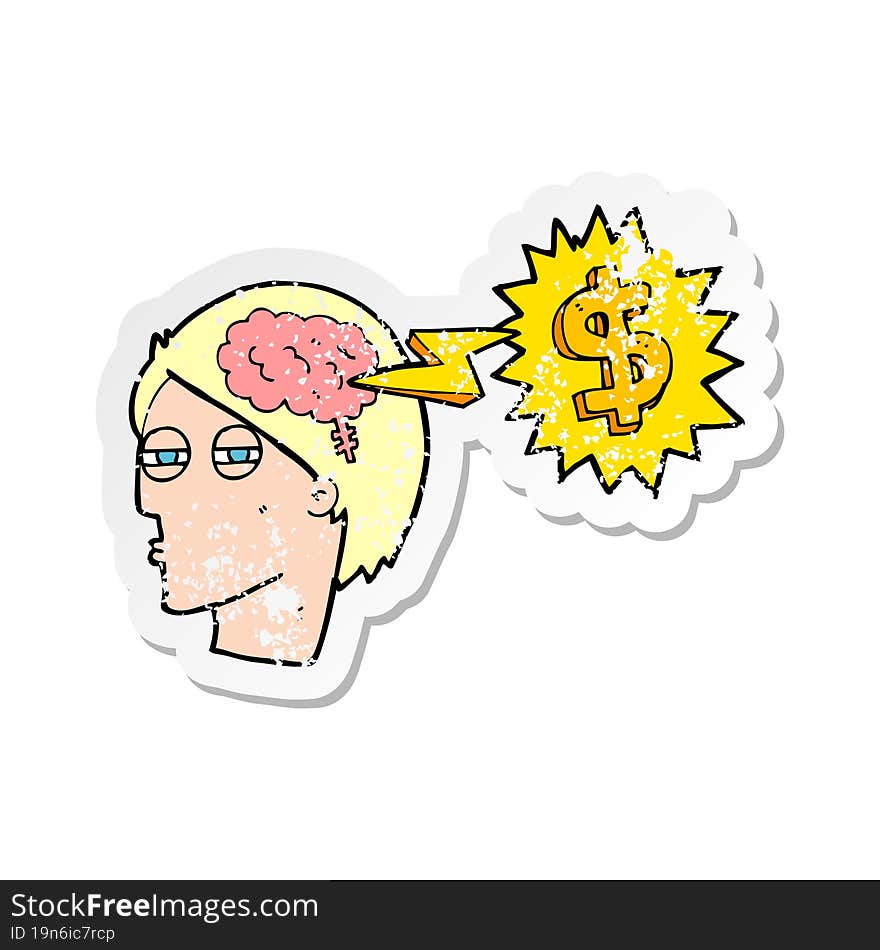 retro distressed sticker of a thinking of ways to make money cartoon