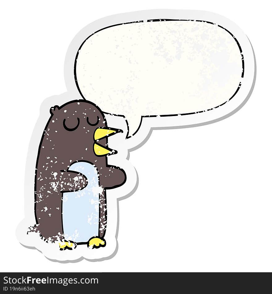 cartoon penguin and speech bubble distressed sticker