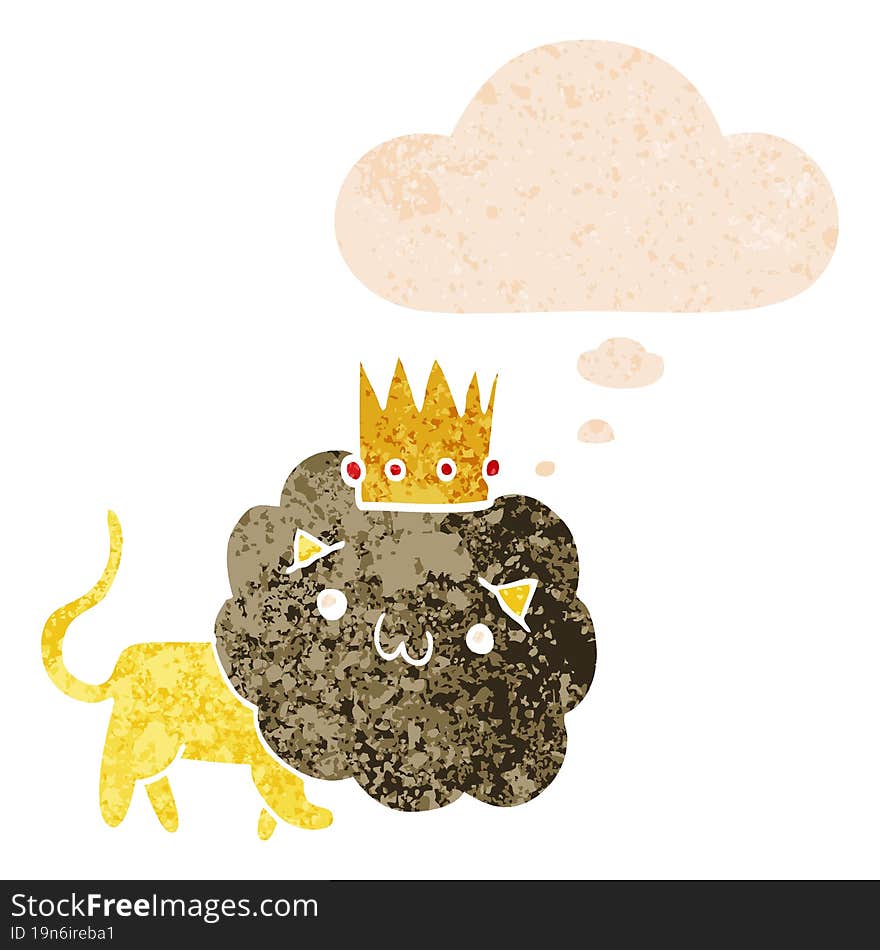 cartoon lion with crown and thought bubble in retro textured style