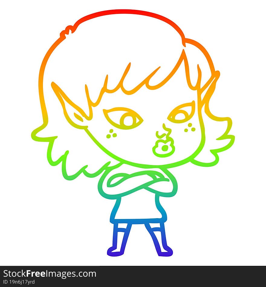 rainbow gradient line drawing pretty cartoon elf girl