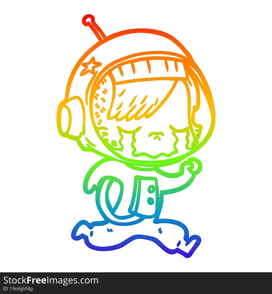 rainbow gradient line drawing cartoon crying astronaut girl running