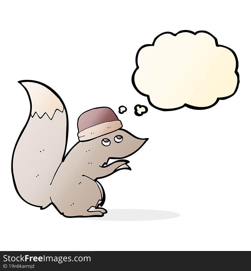 cartoon squirrel wearing hat with thought bubble