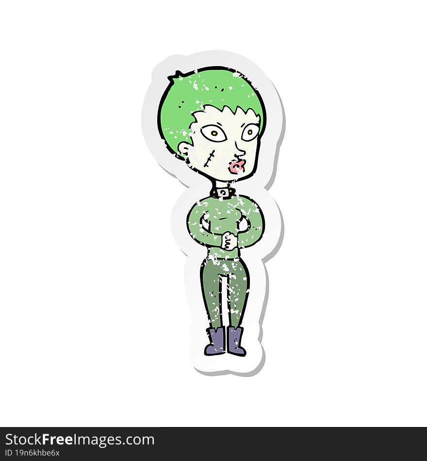 retro distressed sticker of a cartoon zombie girl