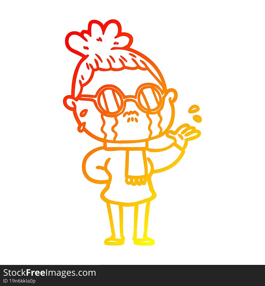 warm gradient line drawing cartoon crying woman wearing spectacles