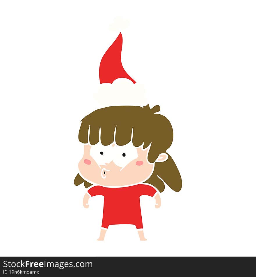 flat color illustration of a whistling girl wearing santa hat