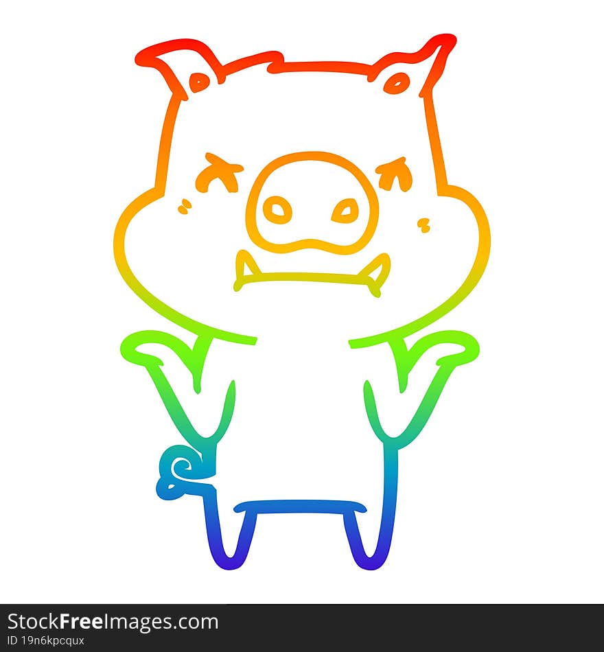 Rainbow Gradient Line Drawing Angry Cartoon Pig Shrugging Shoulders