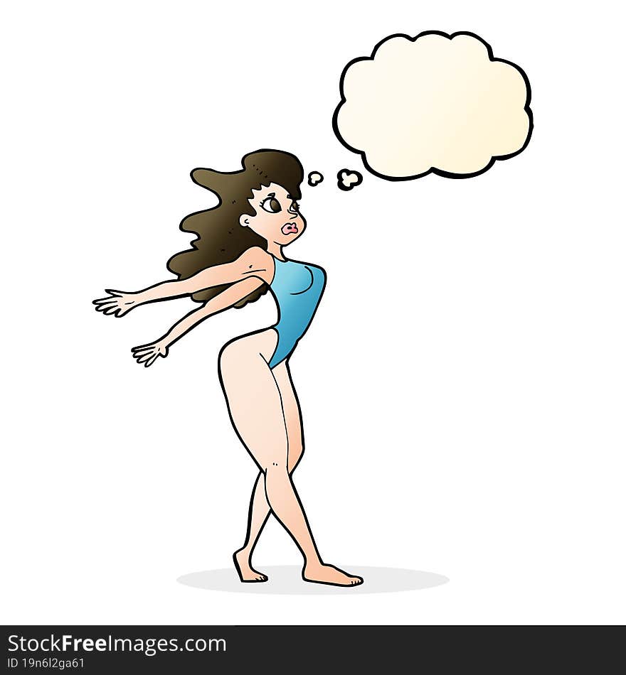 cartoon sexy woman in swimsuit with thought bubble