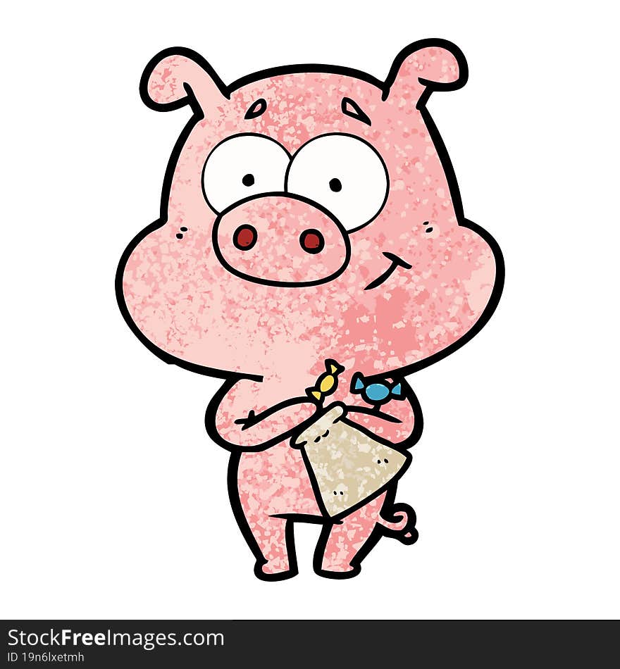 happy cartoon pig with candy. happy cartoon pig with candy