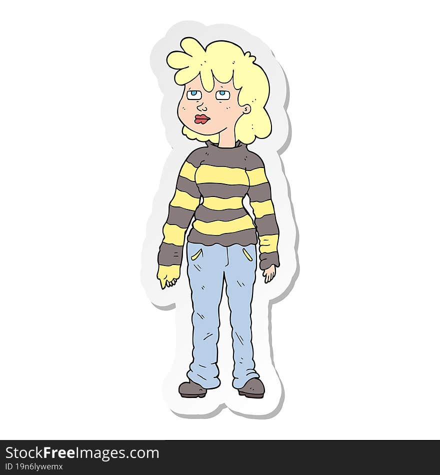 Sticker Of A Cartoon Woman In Casual Clothes