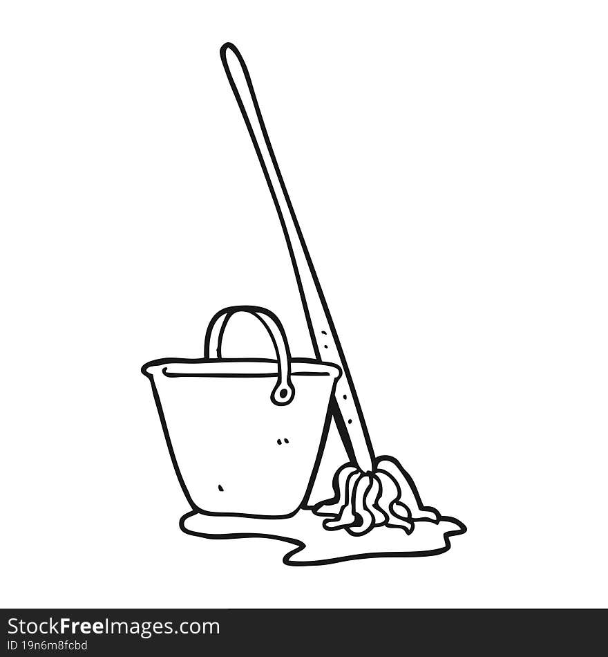 black and white cartoon mop and bucket