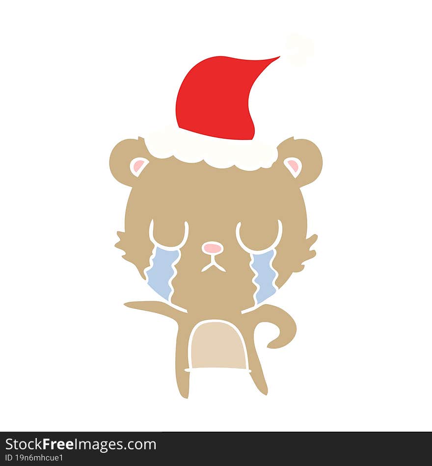 crying flat color illustration of a bear wearing santa hat