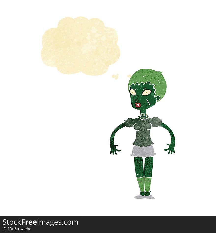 cartoon zombie monster woman with thought bubble