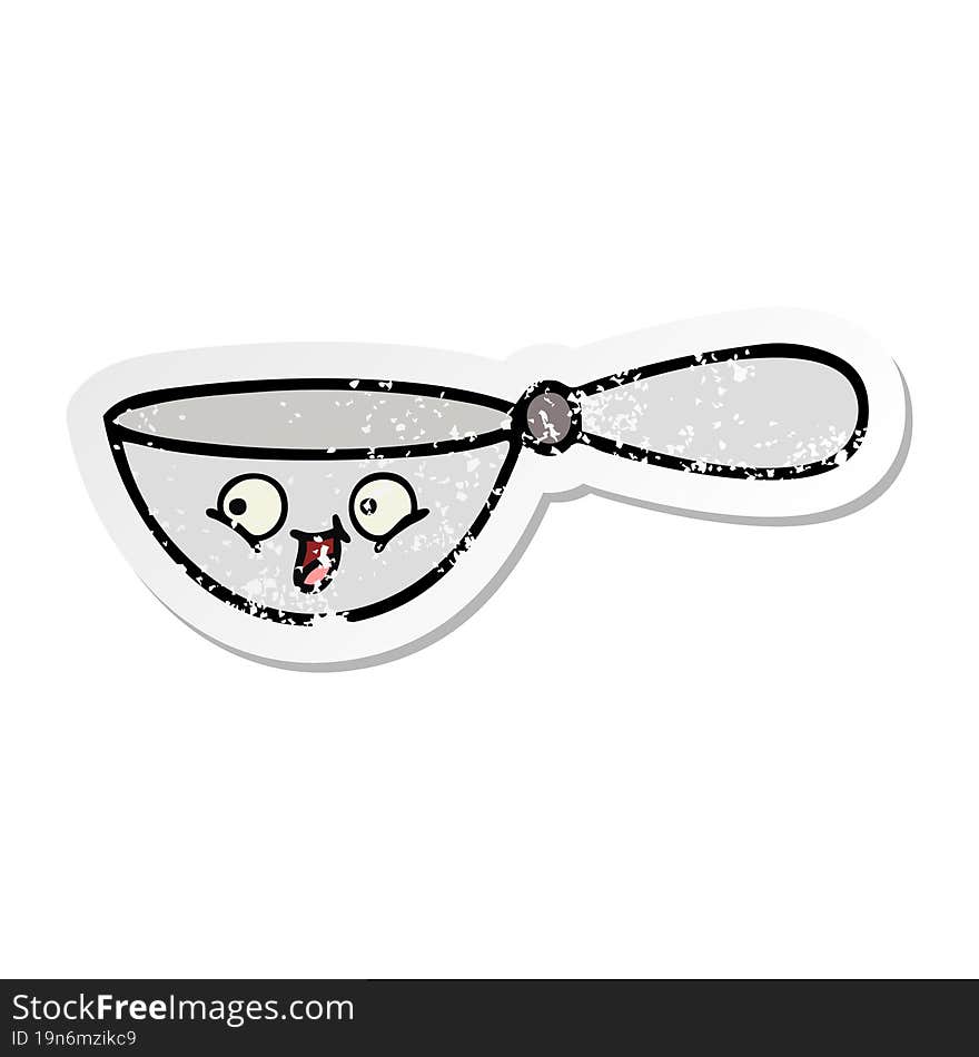 Distressed Sticker Of A Cute Cartoon Measuring Spoon