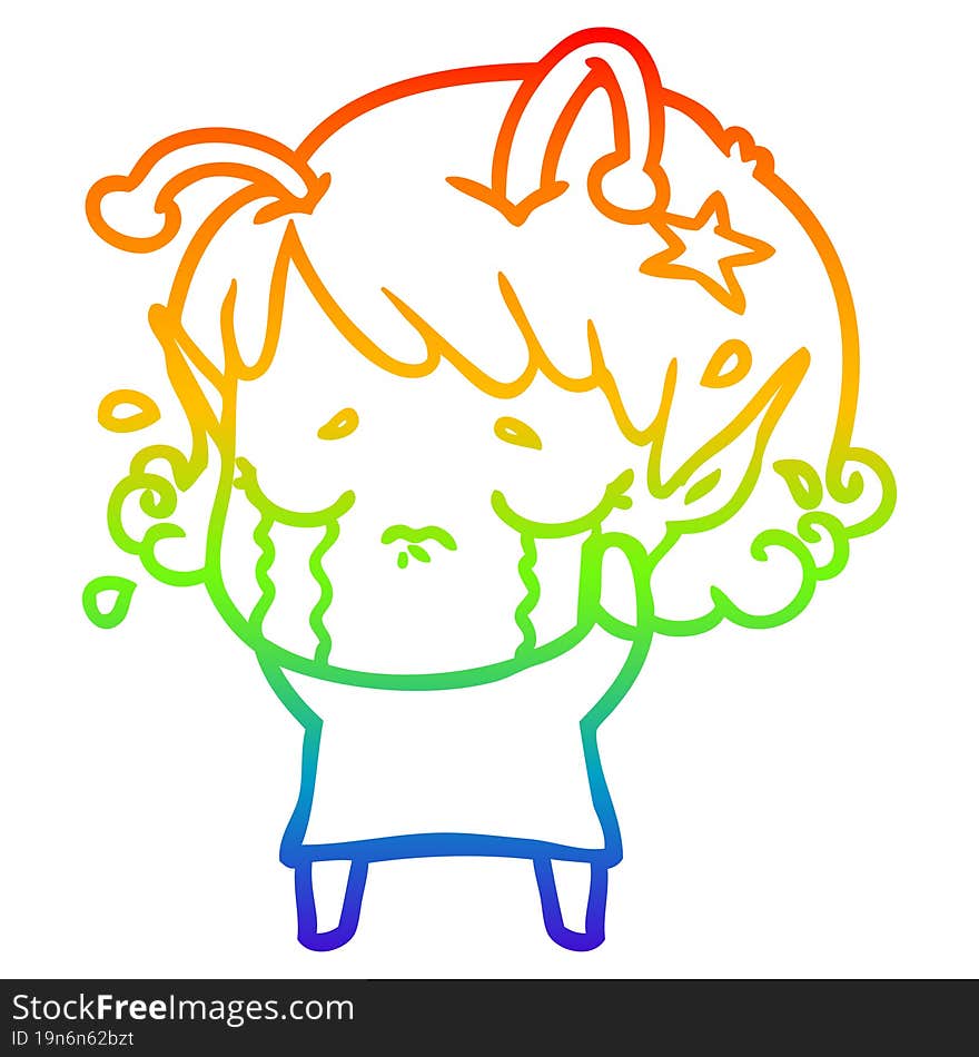 rainbow gradient line drawing cartoon crying alien girl